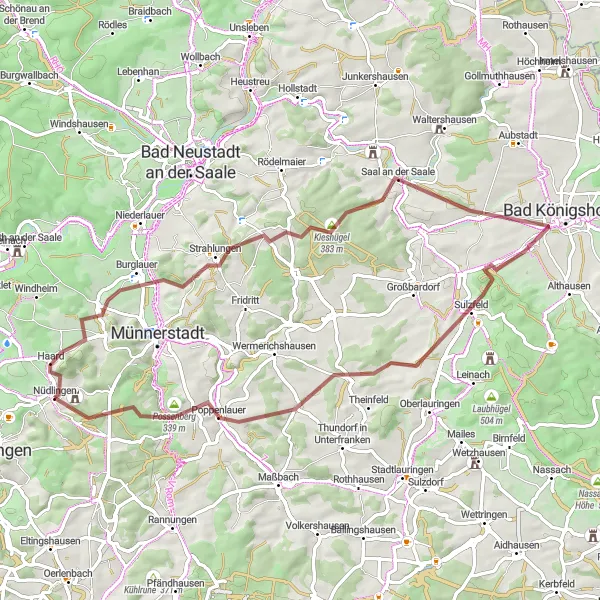 Map miniature of "The Untouched Trails" cycling inspiration in Unterfranken, Germany. Generated by Tarmacs.app cycling route planner