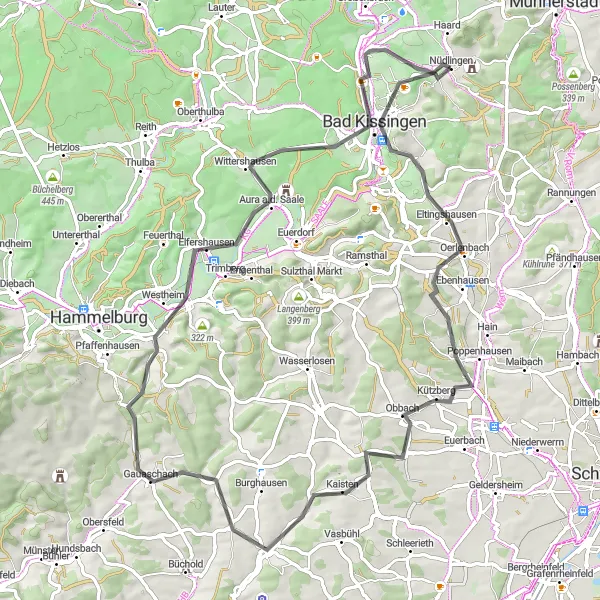 Map miniature of "Discover the Beauty of Nüdlingen" cycling inspiration in Unterfranken, Germany. Generated by Tarmacs.app cycling route planner