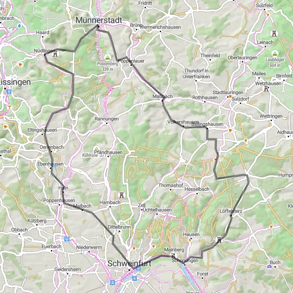 Map miniature of "Discover the Countryside" cycling inspiration in Unterfranken, Germany. Generated by Tarmacs.app cycling route planner