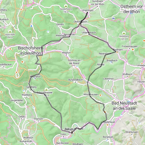 Karten-Miniaturansicht der Radinspiration "Rhön-Rundfahrt mit Panorama-Blicken" in Unterfranken, Germany. Erstellt vom Tarmacs.app-Routenplaner für Radtouren