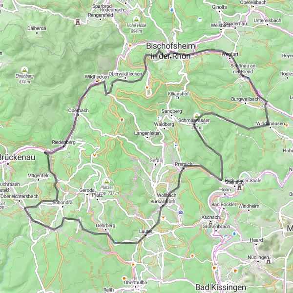 Karten-Miniaturansicht der Radinspiration "Hügelige Straßen und malerische Dörfer" in Unterfranken, Germany. Erstellt vom Tarmacs.app-Routenplaner für Radtouren