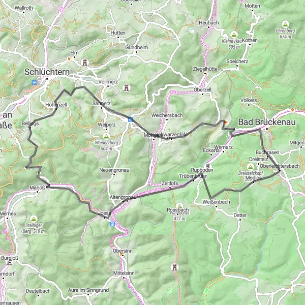 Map miniature of "Unterfranken Road Cycling Adventure" cycling inspiration in Unterfranken, Germany. Generated by Tarmacs.app cycling route planner