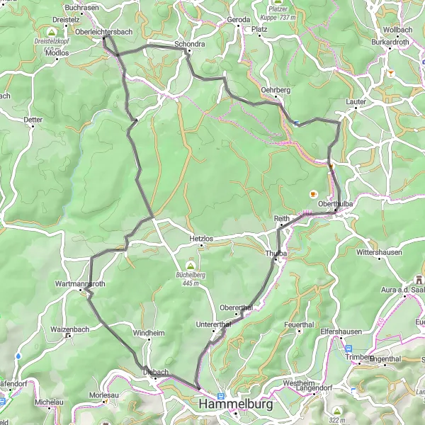 Karten-Miniaturansicht der Radinspiration "Naturerlebnis rund um Oberleichtersbach" in Unterfranken, Germany. Erstellt vom Tarmacs.app-Routenplaner für Radtouren