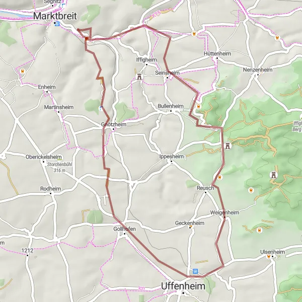 Karten-Miniaturansicht der Radinspiration "Gravel Tour durch Tiefenstockheim und Uffenheim" in Unterfranken, Germany. Erstellt vom Tarmacs.app-Routenplaner für Radtouren