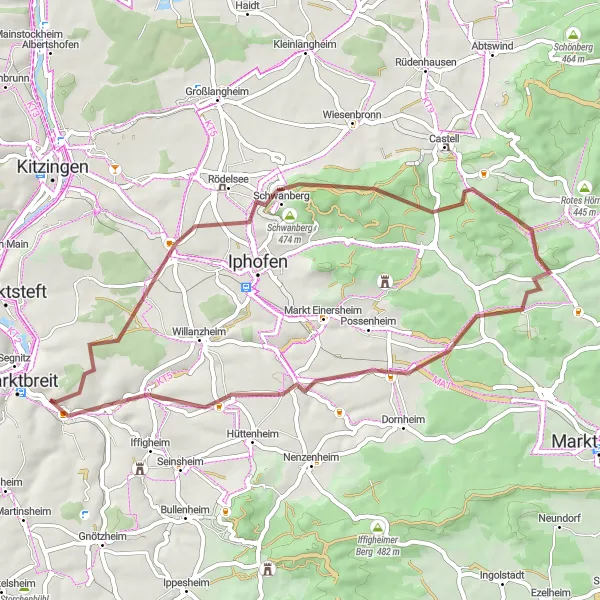Karten-Miniaturansicht der Radinspiration "Gravel-Tour rund um Obernbreit" in Unterfranken, Germany. Erstellt vom Tarmacs.app-Routenplaner für Radtouren