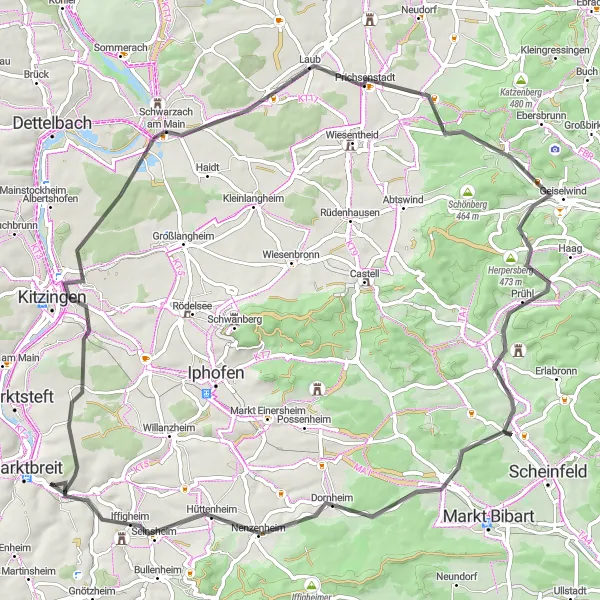 Map miniature of "Wine and Castles" cycling inspiration in Unterfranken, Germany. Generated by Tarmacs.app cycling route planner