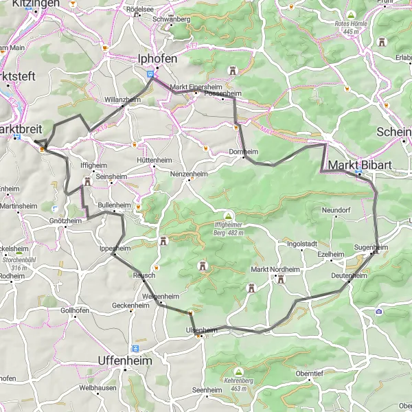 Map miniature of "The Franconian Hill Challenge" cycling inspiration in Unterfranken, Germany. Generated by Tarmacs.app cycling route planner