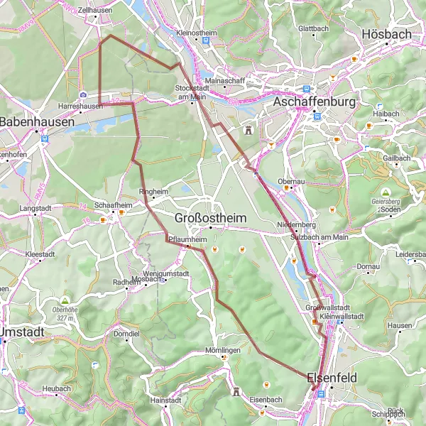 Map miniature of "Gravel Adventure from Obernburg am Main" cycling inspiration in Unterfranken, Germany. Generated by Tarmacs.app cycling route planner