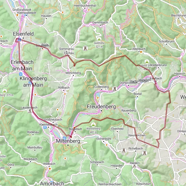 Map miniature of "Elsenfeld to Bürgstadt Gravel Cycling Route" cycling inspiration in Unterfranken, Germany. Generated by Tarmacs.app cycling route planner