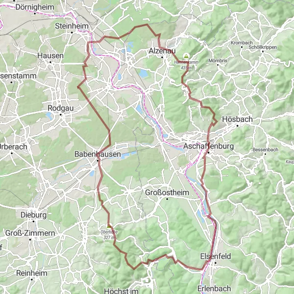 Map miniature of "Obernburg to Aschaffenburg Gravel Cycling Route" cycling inspiration in Unterfranken, Germany. Generated by Tarmacs.app cycling route planner