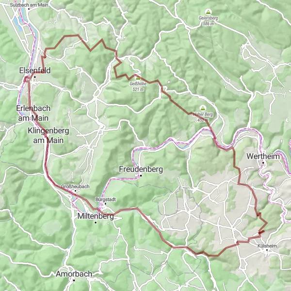 Map miniature of "Elsenfeld to Eichenbühl Gravel Cycling Route" cycling inspiration in Unterfranken, Germany. Generated by Tarmacs.app cycling route planner