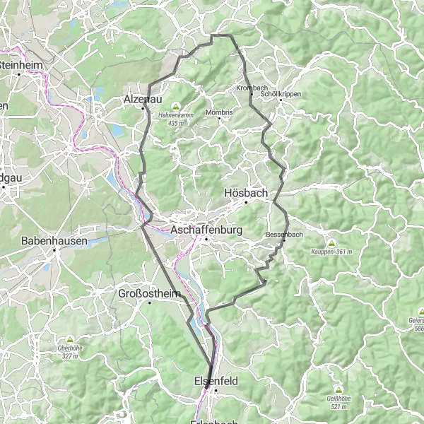 Map miniature of "Obernburg to Sulzbach Road Cycling Route" cycling inspiration in Unterfranken, Germany. Generated by Tarmacs.app cycling route planner