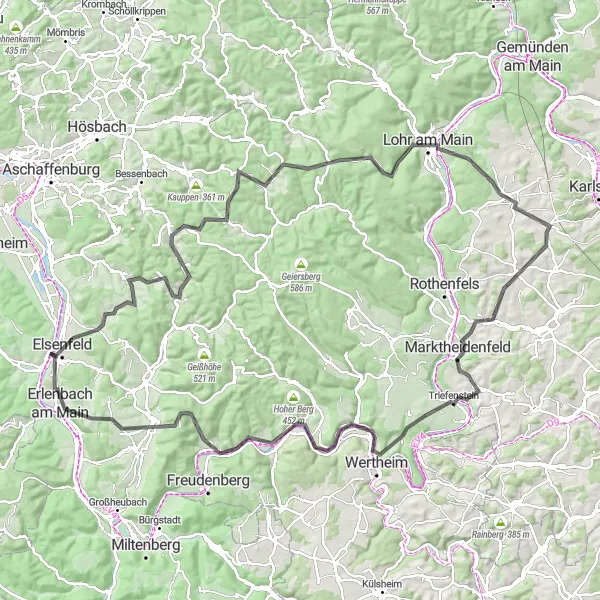 Map miniature of "The Hills of Main" cycling inspiration in Unterfranken, Germany. Generated by Tarmacs.app cycling route planner
