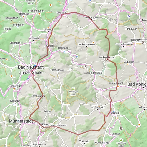Map miniature of "Scenic gravel journey to Hendungen and Bad Neustadt an der Saale" cycling inspiration in Unterfranken, Germany. Generated by Tarmacs.app cycling route planner