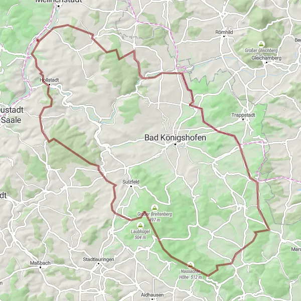 Map miniature of "Scenic Gravel Adventure" cycling inspiration in Unterfranken, Germany. Generated by Tarmacs.app cycling route planner