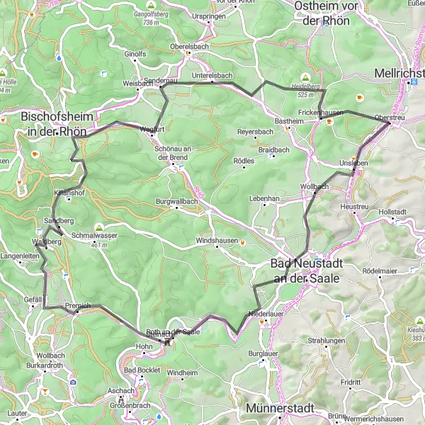 Map miniature of "Meandering through Niederlauer and Oberstreu" cycling inspiration in Unterfranken, Germany. Generated by Tarmacs.app cycling route planner