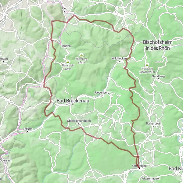 Map miniature of "Challenging Gravel Venture across Oberthulba Region" cycling inspiration in Unterfranken, Germany. Generated by Tarmacs.app cycling route planner