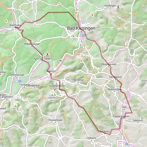 Map miniature of "Gravel Adventure through Oberthulba and Surroundings" cycling inspiration in Unterfranken, Germany. Generated by Tarmacs.app cycling route planner