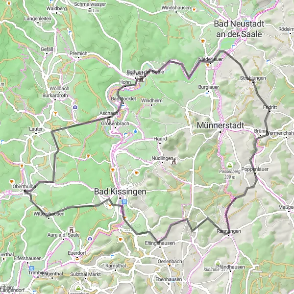 Map miniature of "Bad Bocklet Loop" cycling inspiration in Unterfranken, Germany. Generated by Tarmacs.app cycling route planner