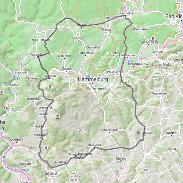 Map miniature of "Elfershausen Challenge" cycling inspiration in Unterfranken, Germany. Generated by Tarmacs.app cycling route planner