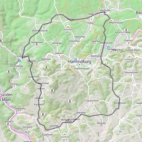 Map miniature of "Road Cycling Adventure through Oberthulba and Surroundings" cycling inspiration in Unterfranken, Germany. Generated by Tarmacs.app cycling route planner