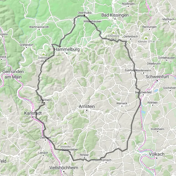 Map miniature of "Geldersheim Challenge" cycling inspiration in Unterfranken, Germany. Generated by Tarmacs.app cycling route planner