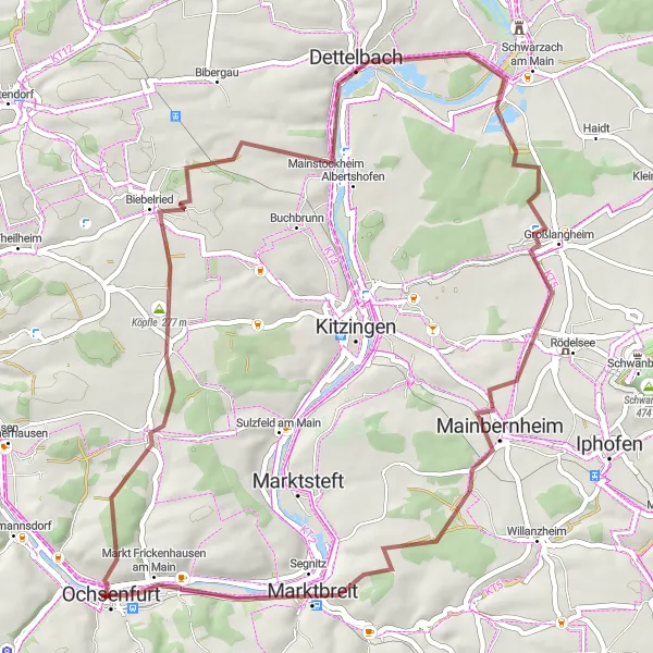 Map miniature of "Unterfranken Panorama" cycling inspiration in Unterfranken, Germany. Generated by Tarmacs.app cycling route planner