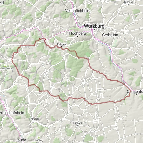 Map miniature of "Ochsenfurt Gravel Cycling Route: Hilltop Villages and Scenic Landscapes" cycling inspiration in Unterfranken, Germany. Generated by Tarmacs.app cycling route planner