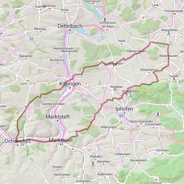 Map miniature of "Ochsenfurt Gravel Cycling Route: Vineyards and Castles" cycling inspiration in Unterfranken, Germany. Generated by Tarmacs.app cycling route planner