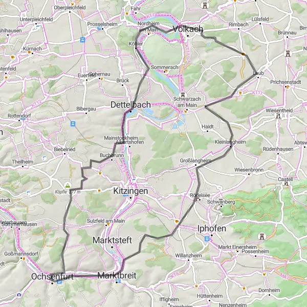Map miniature of "Volkach Excursion" cycling inspiration in Unterfranken, Germany. Generated by Tarmacs.app cycling route planner