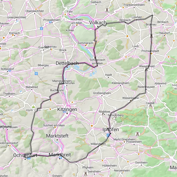 Map miniature of "Mainstockheim Adventure" cycling inspiration in Unterfranken, Germany. Generated by Tarmacs.app cycling route planner