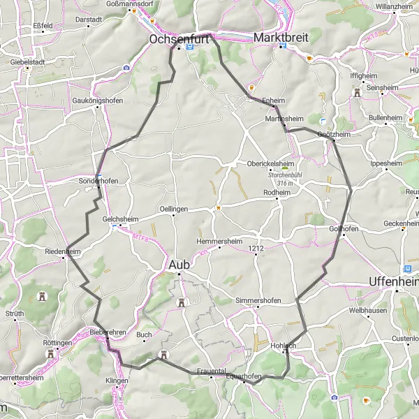 Map miniature of "Road Loop to Martinsheim and Ochse grün" cycling inspiration in Unterfranken, Germany. Generated by Tarmacs.app cycling route planner