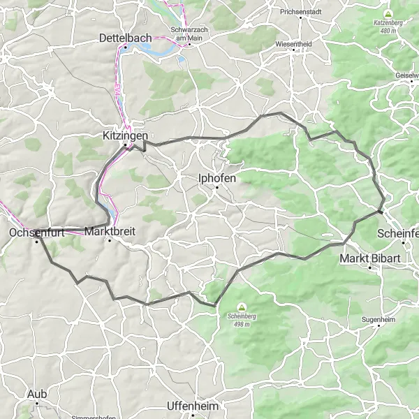 Map miniature of "Kitzingen Loop" cycling inspiration in Unterfranken, Germany. Generated by Tarmacs.app cycling route planner