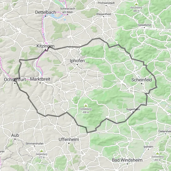 Map miniature of "Challenging Road Tour to Kitzingen and Weigenheim" cycling inspiration in Unterfranken, Germany. Generated by Tarmacs.app cycling route planner