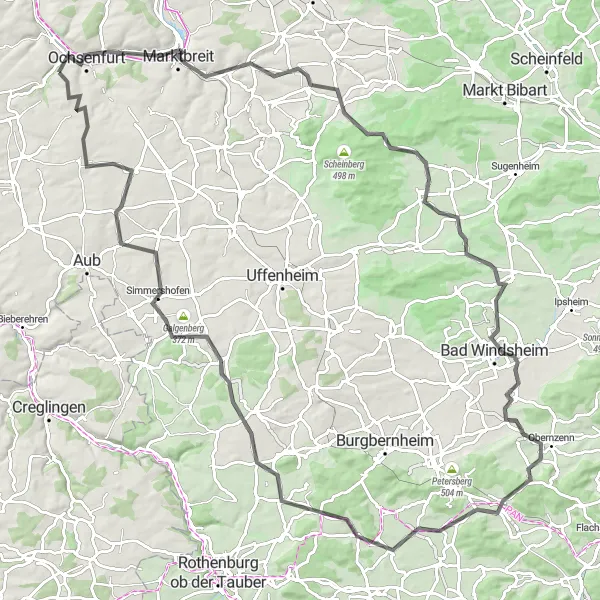 Map miniature of "Rosenberg Challenge" cycling inspiration in Unterfranken, Germany. Generated by Tarmacs.app cycling route planner