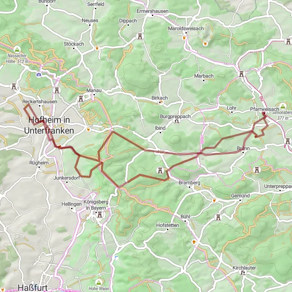 Karten-Miniaturansicht der Radinspiration "Gravel-Abenteuer um Bramberg" in Unterfranken, Germany. Erstellt vom Tarmacs.app-Routenplaner für Radtouren