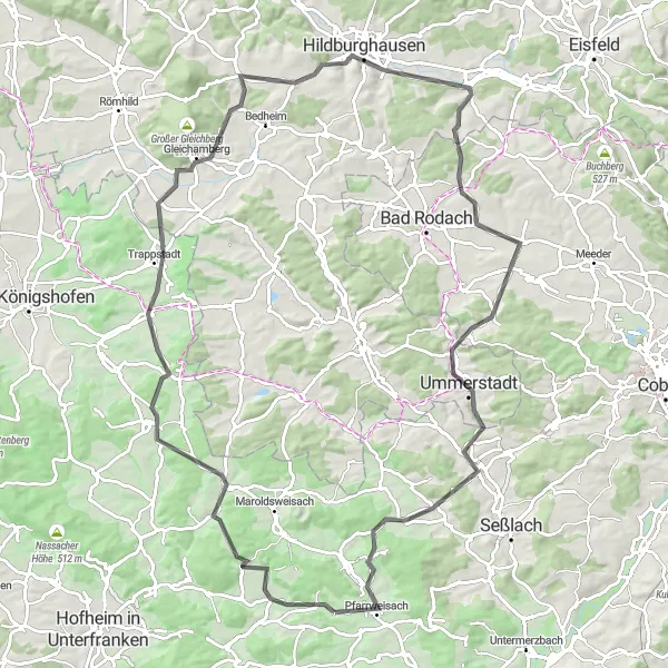 Karten-Miniaturansicht der Radinspiration "Tour zu den Hildburghäuser Türmen" in Unterfranken, Germany. Erstellt vom Tarmacs.app-Routenplaner für Radtouren