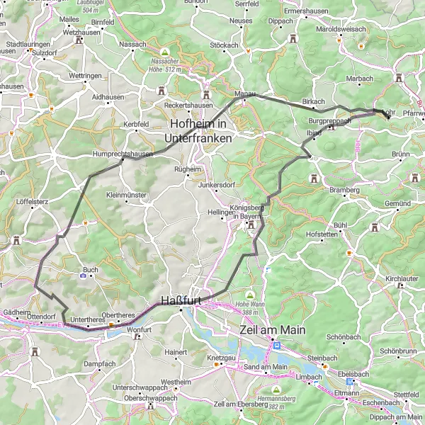 Karten-Miniaturansicht der Radinspiration "Entdeckungstour durch die Hassberge" in Unterfranken, Germany. Erstellt vom Tarmacs.app-Routenplaner für Radtouren