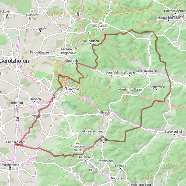 Karten-Miniaturansicht der Radinspiration "Die Weinberge und Dörfer Gravel Tour" in Unterfranken, Germany. Erstellt vom Tarmacs.app-Routenplaner für Radtouren