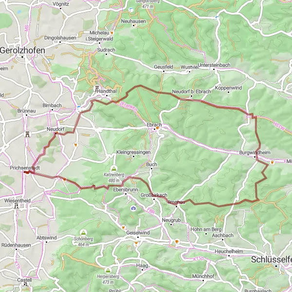 Karten-Miniaturansicht der Radinspiration "Gravelroute von Prichsenstadt nach Oberschwarzach" in Unterfranken, Germany. Erstellt vom Tarmacs.app-Routenplaner für Radtouren