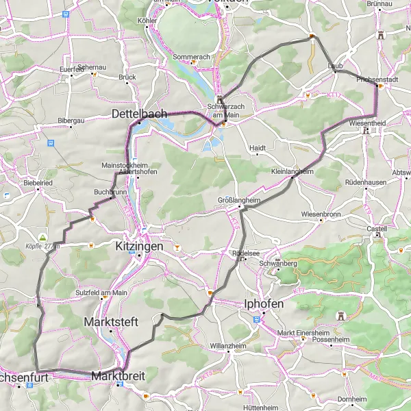 Map miniature of "Kleinlangheim Circuit" cycling inspiration in Unterfranken, Germany. Generated by Tarmacs.app cycling route planner