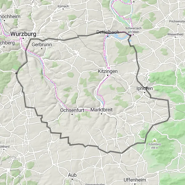 Karten-Miniaturansicht der Radinspiration "Weinradtour durch das Fränkische Weinland" in Unterfranken, Germany. Erstellt vom Tarmacs.app-Routenplaner für Radtouren