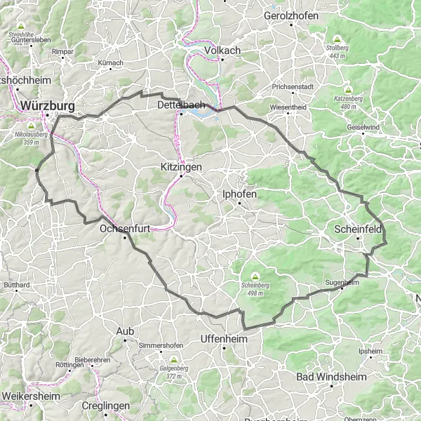 Karten-Miniaturansicht der Radinspiration "Epische Road-Tour durch den Landkreis Würzburg" in Unterfranken, Germany. Erstellt vom Tarmacs.app-Routenplaner für Radtouren
