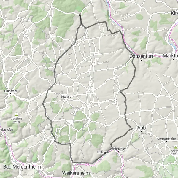 Karten-Miniaturansicht der Radinspiration "Road-Tour durch den Landkreis Würzburg" in Unterfranken, Germany. Erstellt vom Tarmacs.app-Routenplaner für Radtouren
