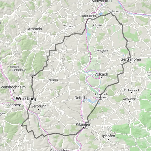 Karten-Miniaturansicht der Radinspiration "Von Reichenberg nach Kitzingen" in Unterfranken, Germany. Erstellt vom Tarmacs.app-Routenplaner für Radtouren