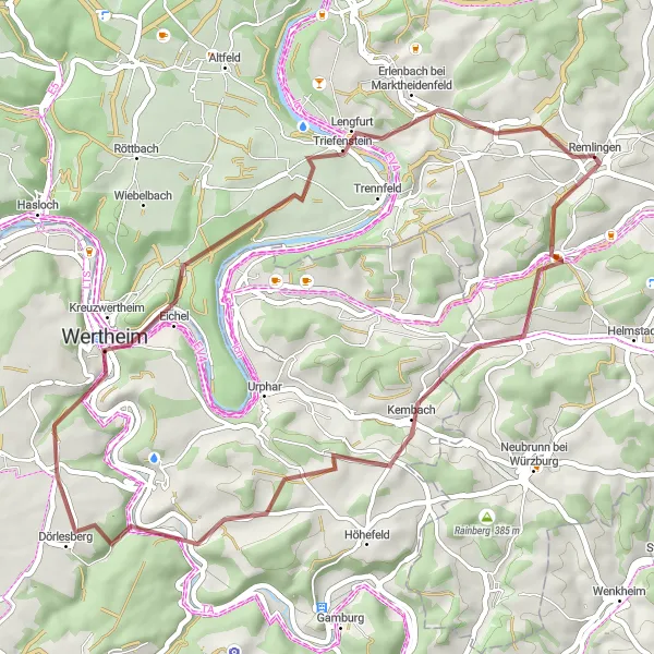 Karten-Miniaturansicht der Radinspiration "Gravelabenteuer um Kembach" in Unterfranken, Germany. Erstellt vom Tarmacs.app-Routenplaner für Radtouren
