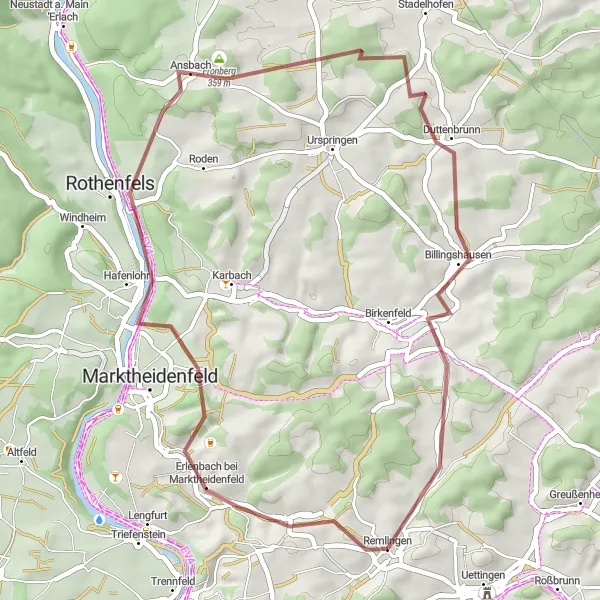 Karten-Miniaturansicht der Radinspiration "Gravelabenteuer um Remlingen" in Unterfranken, Germany. Erstellt vom Tarmacs.app-Routenplaner für Radtouren