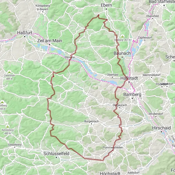 Map miniature of "The Vogelberge Gravel Adventure" cycling inspiration in Unterfranken, Germany. Generated by Tarmacs.app cycling route planner