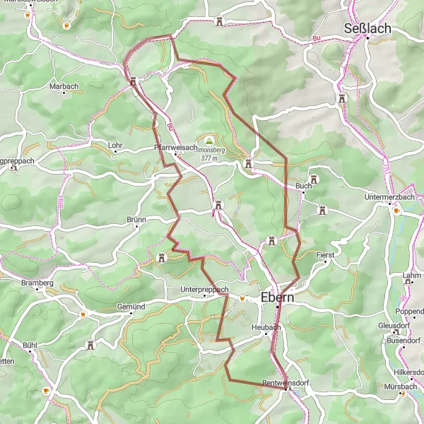 Karten-Miniaturansicht der Radinspiration "Gravelrunde durch die malerische Landschaft von Rentweinsdorf" in Unterfranken, Germany. Erstellt vom Tarmacs.app-Routenplaner für Radtouren
