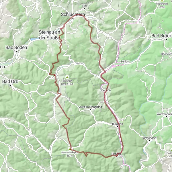 Map miniature of "Rieneck Historic Gravel Ride" cycling inspiration in Unterfranken, Germany. Generated by Tarmacs.app cycling route planner